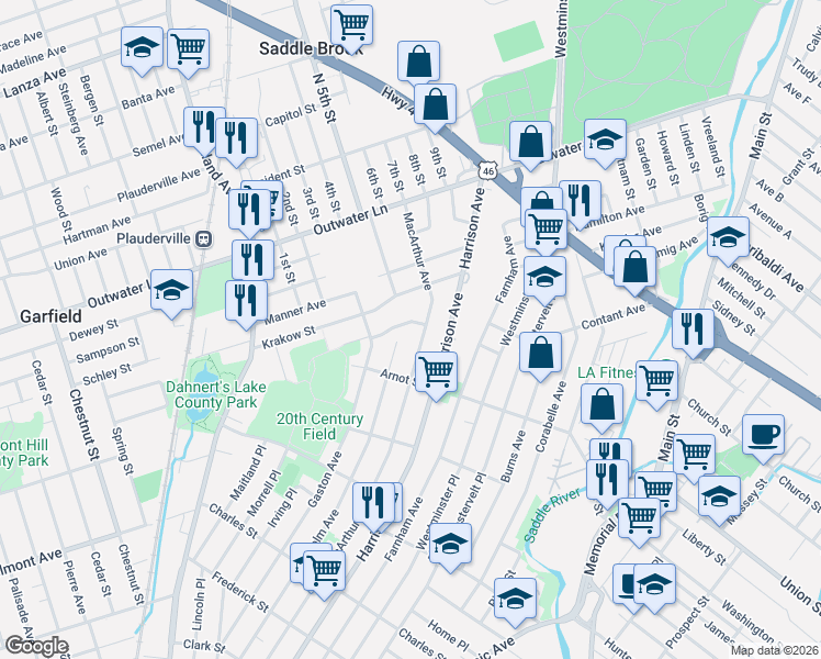 map of restaurants, bars, coffee shops, grocery stores, and more near 444 Macarthur Avenue in Garfield