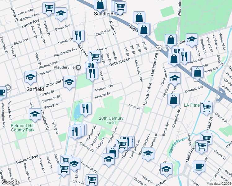 map of restaurants, bars, coffee shops, grocery stores, and more near 93 Krakow Street in Garfield