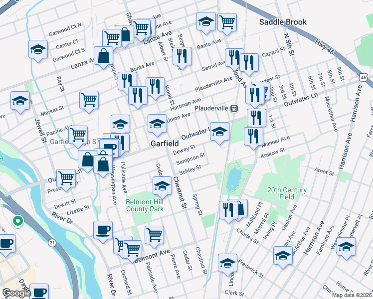 map of restaurants, bars, coffee shops, grocery stores, and more near 248 Outwater Lane in Garfield
