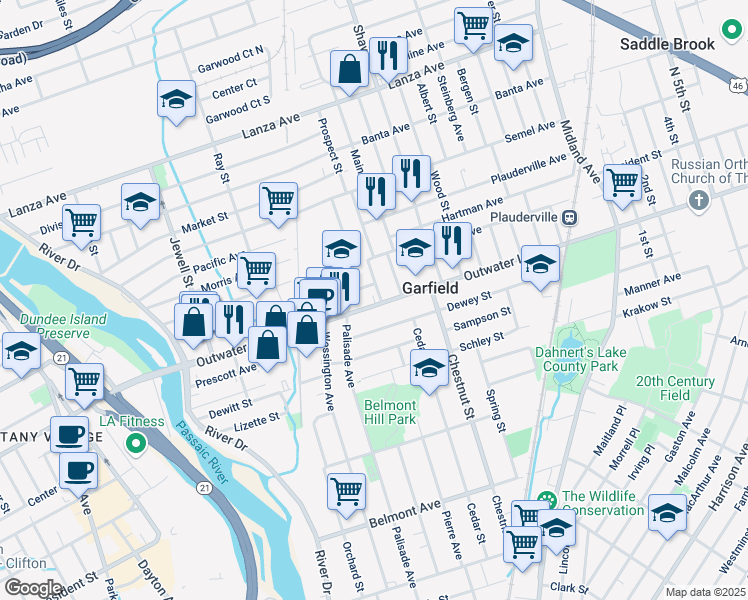 map of restaurants, bars, coffee shops, grocery stores, and more near 9 Main Street in Garfield