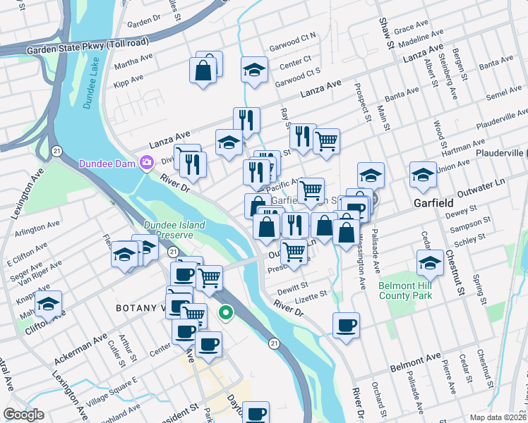 map of restaurants, bars, coffee shops, grocery stores, and more near 65 Jewell Street in Garfield