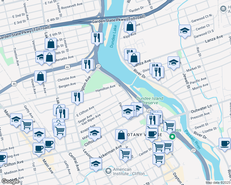 map of restaurants, bars, coffee shops, grocery stores, and more near 31 Hamilton Avenue in Clifton