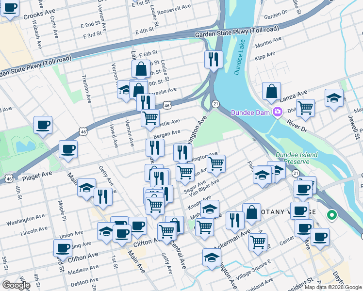 map of restaurants, bars, coffee shops, grocery stores, and more near in Clifton
