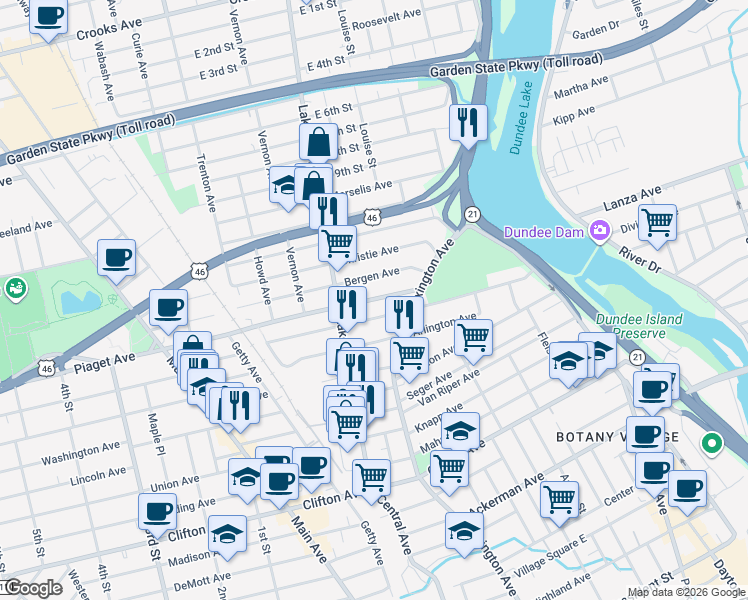 map of restaurants, bars, coffee shops, grocery stores, and more near 49 Bergen Avenue in Clifton