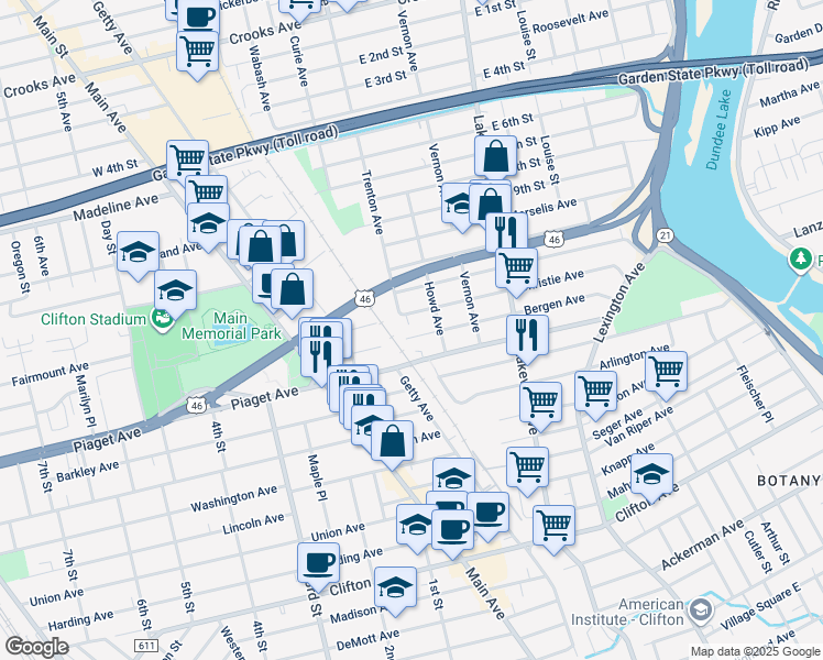map of restaurants, bars, coffee shops, grocery stores, and more near 205 Trenton Avenue in Paterson