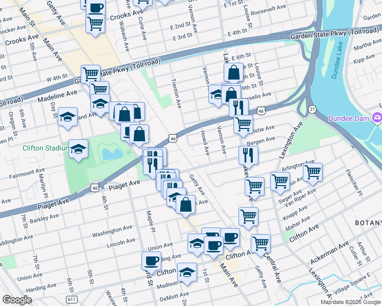 map of restaurants, bars, coffee shops, grocery stores, and more near 205 Trenton Avenue in Paterson