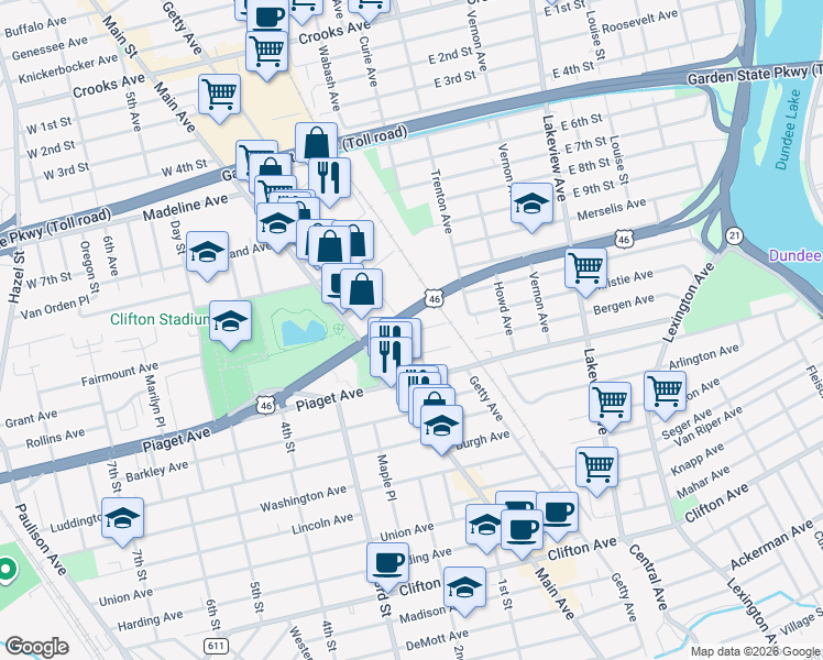 map of restaurants, bars, coffee shops, grocery stores, and more near 356 Getty Avenue in Clifton