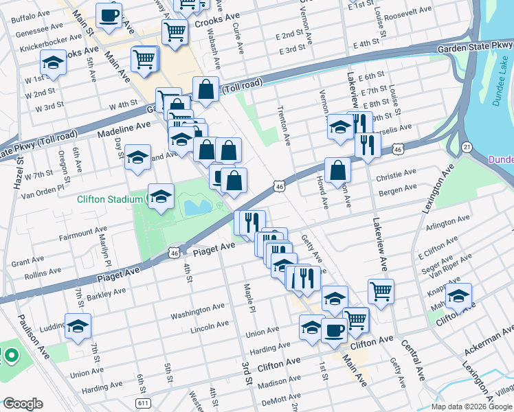 map of restaurants, bars, coffee shops, grocery stores, and more near 356 Getty Avenue in Clifton