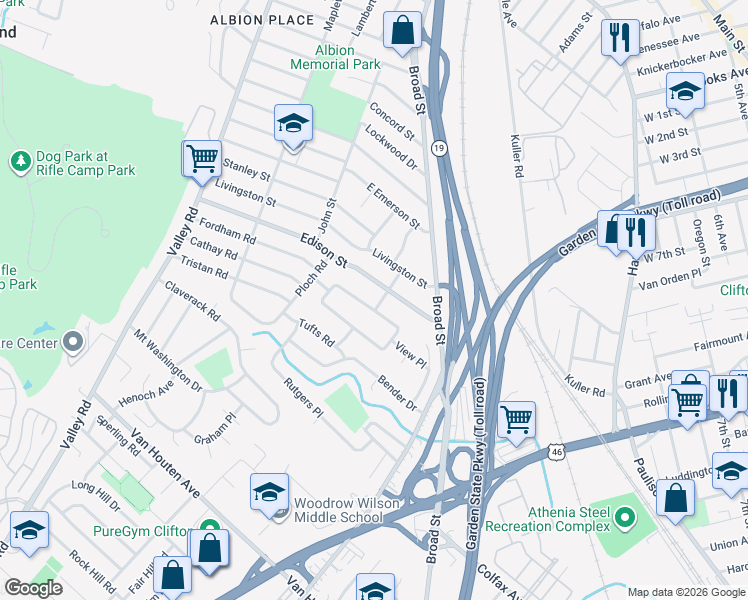 map of restaurants, bars, coffee shops, grocery stores, and more near 61 Bart Place in Clifton