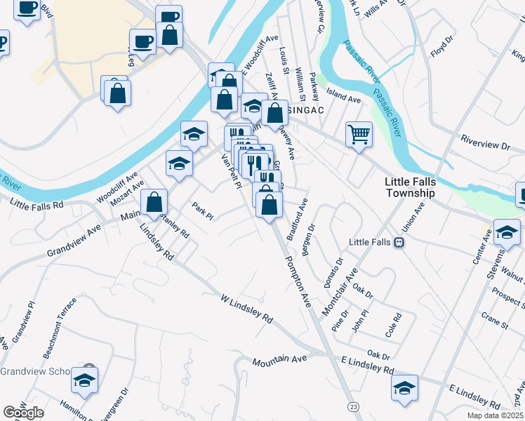 map of restaurants, bars, coffee shops, grocery stores, and more near 153 Newark Pompton Turnpike in Little Falls