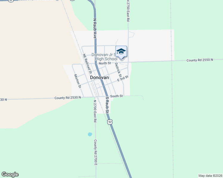map of restaurants, bars, coffee shops, grocery stores, and more near 107 South Raub Street in Donovan