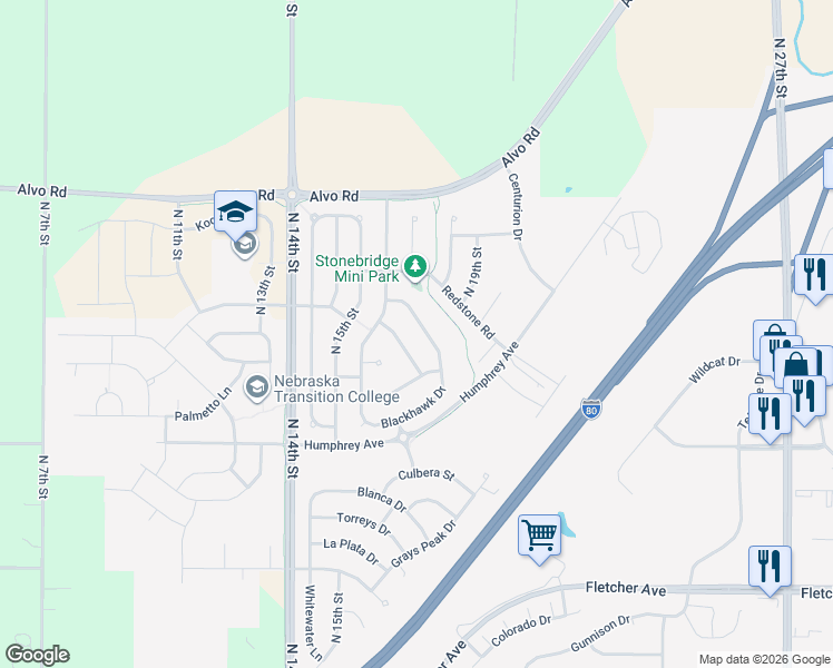 map of restaurants, bars, coffee shops, grocery stores, and more near 7100 North Steamboat Drive in Lincoln