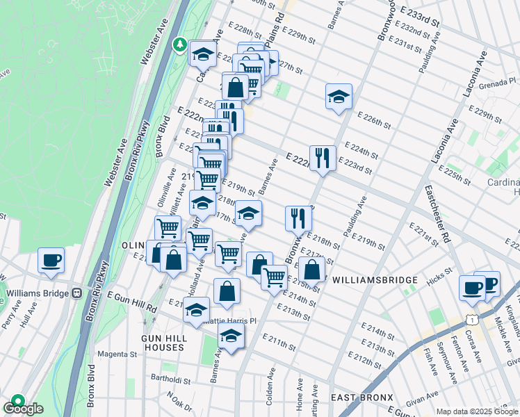 map of restaurants, bars, coffee shops, grocery stores, and more near 3768 Barnes Avenue in Bronx