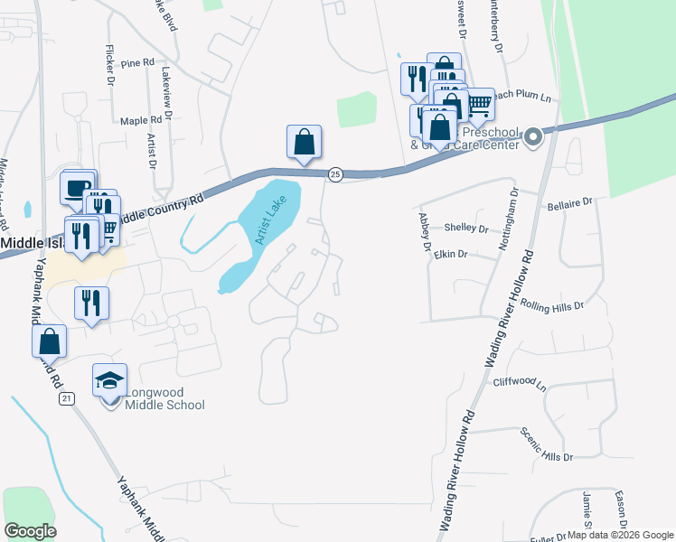 map of restaurants, bars, coffee shops, grocery stores, and more near 25 Monet Court in Middle Island