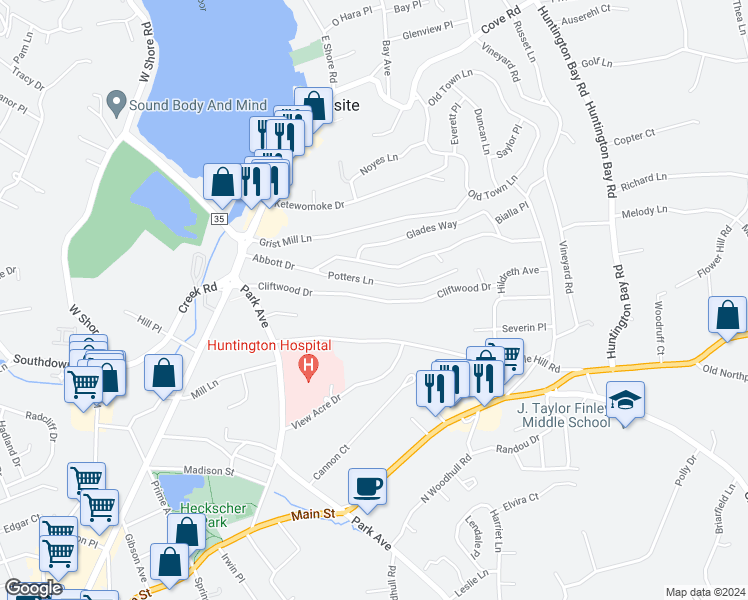 map of restaurants, bars, coffee shops, grocery stores, and more near 38 Cliftwood Drive in Halesite