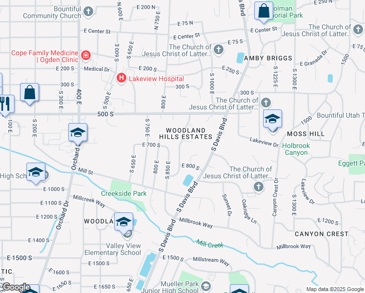 map of restaurants, bars, coffee shops, grocery stores, and more near 691 Woodland Hills Drive in Bountiful