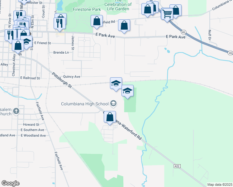 map of restaurants, bars, coffee shops, grocery stores, and more near 720 Columbiana-Waterford Road in Columbiana