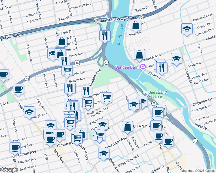 map of restaurants, bars, coffee shops, grocery stores, and more near 59 Hamilton Avenue in Clifton
