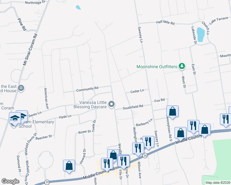 map of restaurants, bars, coffee shops, grocery stores, and more near 61 Westfield Road in Coram