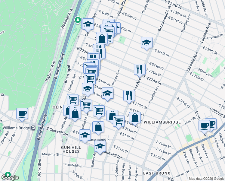 map of restaurants, bars, coffee shops, grocery stores, and more near 3758 Barnes Avenue in The Bronx