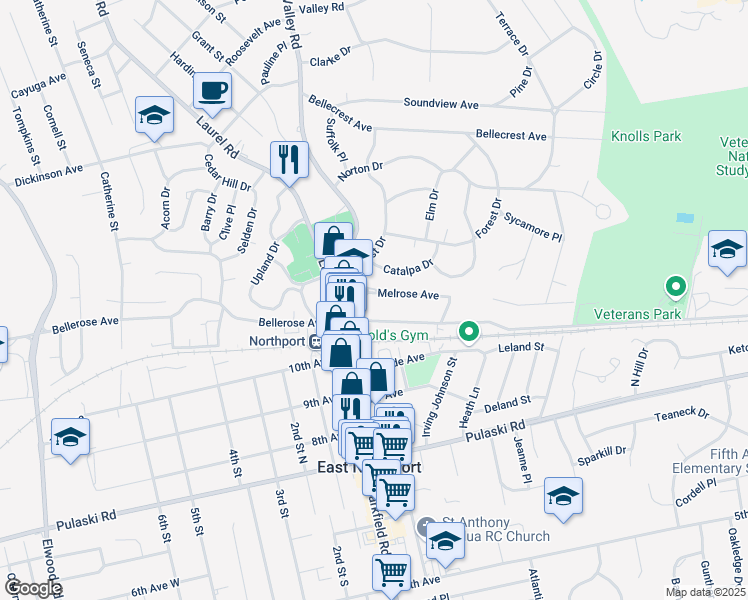 map of restaurants, bars, coffee shops, grocery stores, and more near 14 Melrose Avenue in East Northport