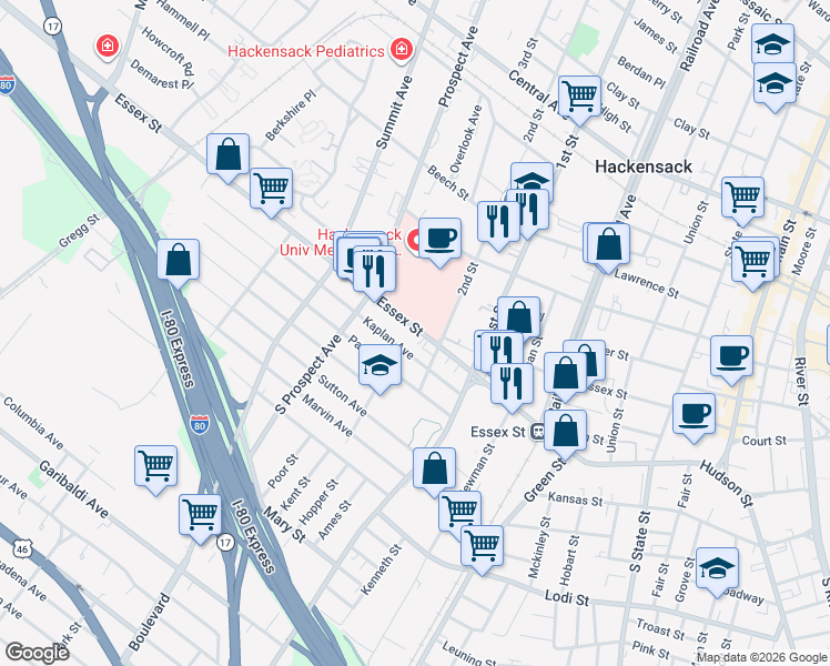 map of restaurants, bars, coffee shops, grocery stores, and more near 307 Essex Street in Hackensack