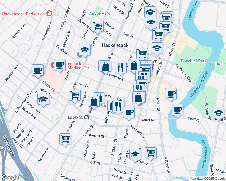 map of restaurants, bars, coffee shops, grocery stores, and more near 129 Union Street in Hackensack
