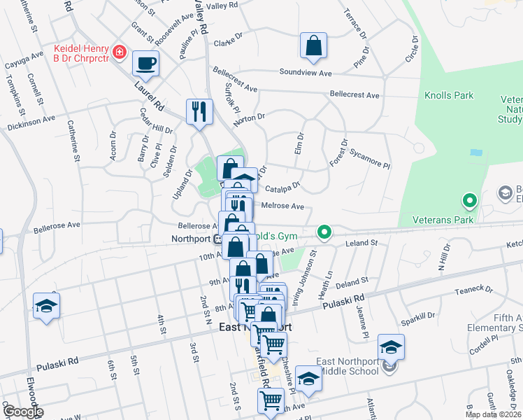 map of restaurants, bars, coffee shops, grocery stores, and more near 16 Melrose Avenue in East Northport