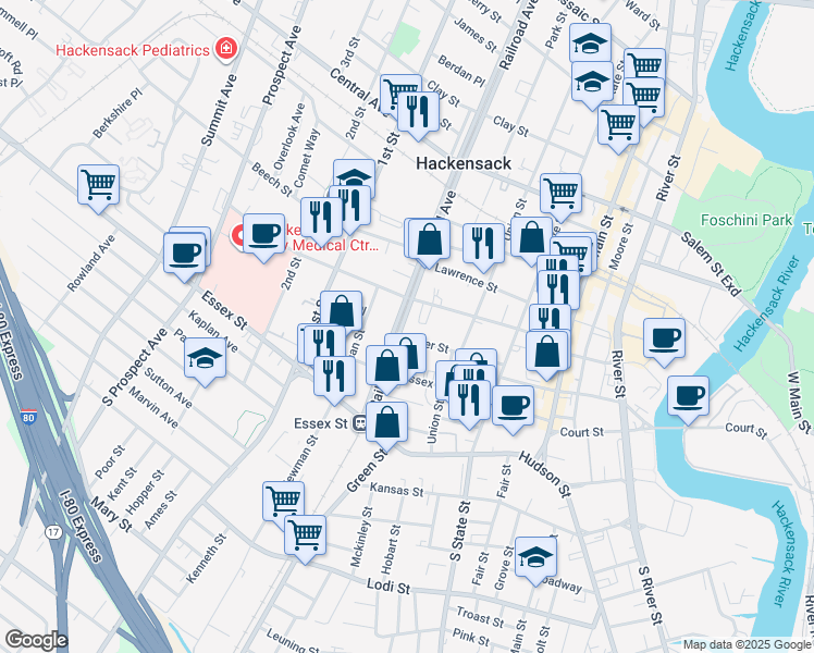 map of restaurants, bars, coffee shops, grocery stores, and more near 95 Railroad Avenue in Hackensack