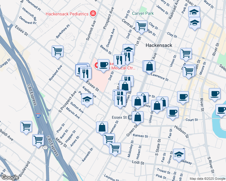 map of restaurants, bars, coffee shops, grocery stores, and more near 29 1st Street in Hackensack