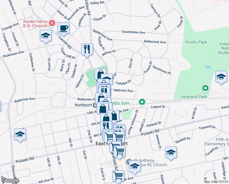 map of restaurants, bars, coffee shops, grocery stores, and more near 16 Melrose Avenue in East Northport