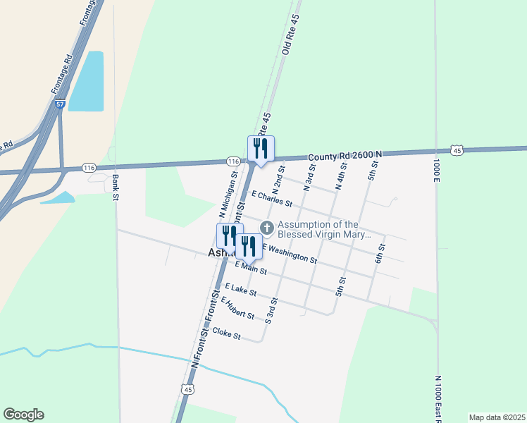 map of restaurants, bars, coffee shops, grocery stores, and more near 307 North 2nd Street in Ashkum