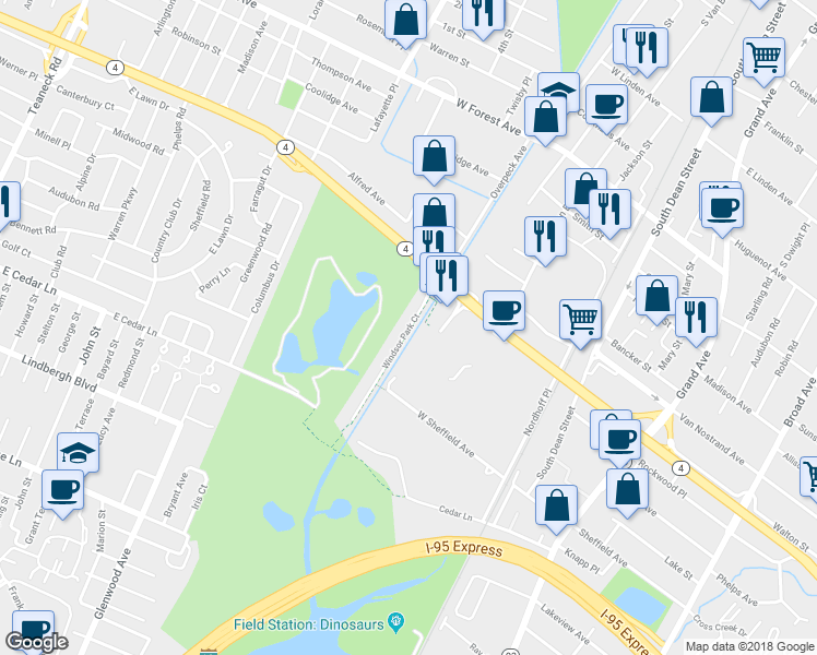 map of restaurants, bars, coffee shops, grocery stores, and more near 1409 Windsor Park Court in Englewood