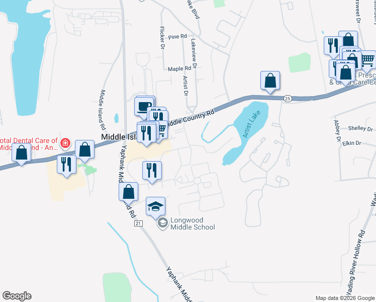map of restaurants, bars, coffee shops, grocery stores, and more near 43 Fairview Circle in Middle Island