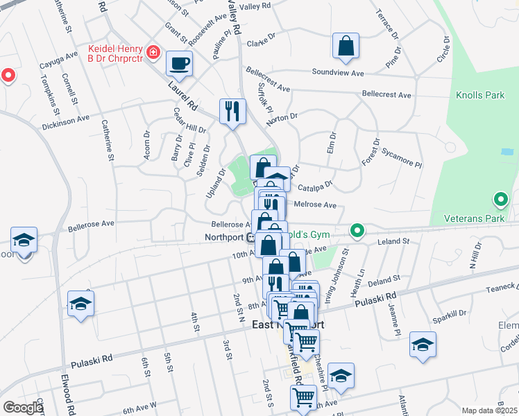 map of restaurants, bars, coffee shops, grocery stores, and more near 124 Laurel Road in East Northport