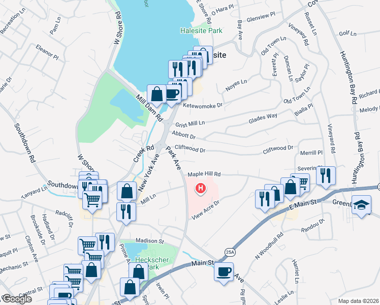 map of restaurants, bars, coffee shops, grocery stores, and more near 9 Cliftwood Drive in Halesite