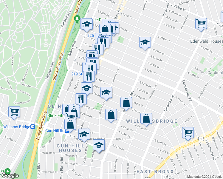 map of restaurants, bars, coffee shops, grocery stores, and more near 3768 Barnes Avenue in Bronx