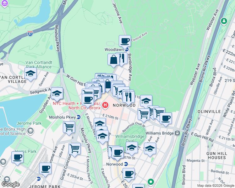 map of restaurants, bars, coffee shops, grocery stores, and more near 3525 Rochambeau Avenue in Bronx