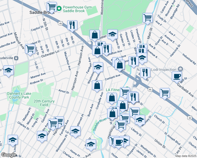 map of restaurants, bars, coffee shops, grocery stores, and more near 365 Westervelt Place in Lodi