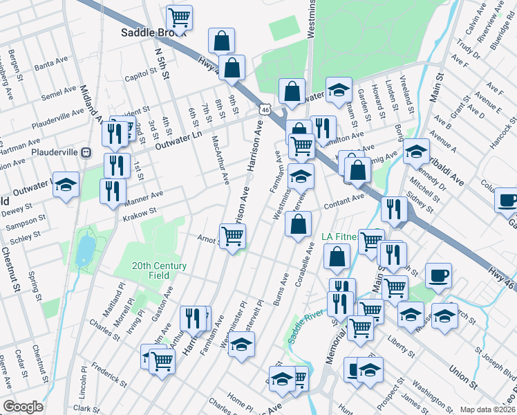 map of restaurants, bars, coffee shops, grocery stores, and more near 492 Harrison Avenue in Lodi