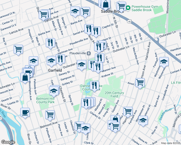map of restaurants, bars, coffee shops, grocery stores, and more near 24 Dahnert Park Lane in Garfield