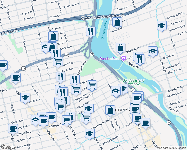 map of restaurants, bars, coffee shops, grocery stores, and more near 59 Hamilton Avenue in Clifton
