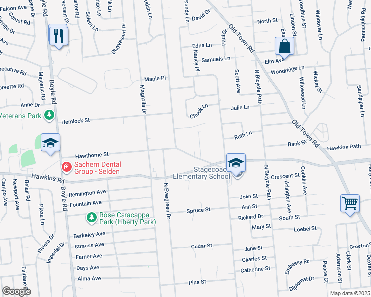 map of restaurants, bars, coffee shops, grocery stores, and more near 243 Dare Road in Selden
