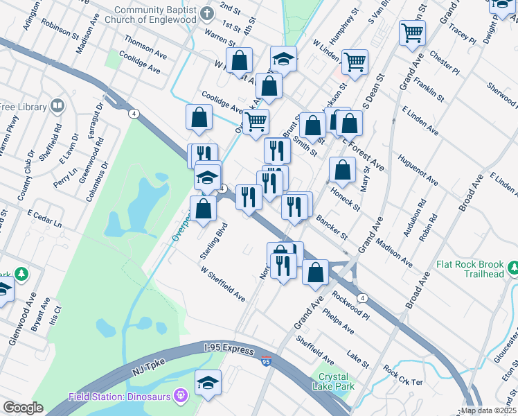 map of restaurants, bars, coffee shops, grocery stores, and more near 50 Nordhoff Place in Englewood
