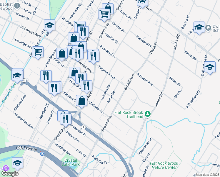 map of restaurants, bars, coffee shops, grocery stores, and more near 279 Audubon Road in Englewood
