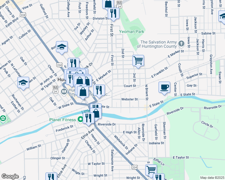 map of restaurants, bars, coffee shops, grocery stores, and more near 543 Court Street in Huntington