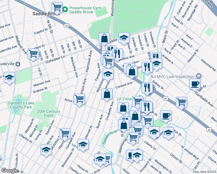 map of restaurants, bars, coffee shops, grocery stores, and more near 365 Westervelt Place in Lodi