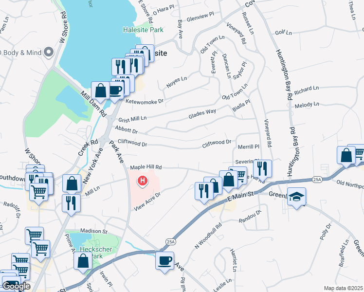 map of restaurants, bars, coffee shops, grocery stores, and more near 42 Cliftwood Drive in Halesite