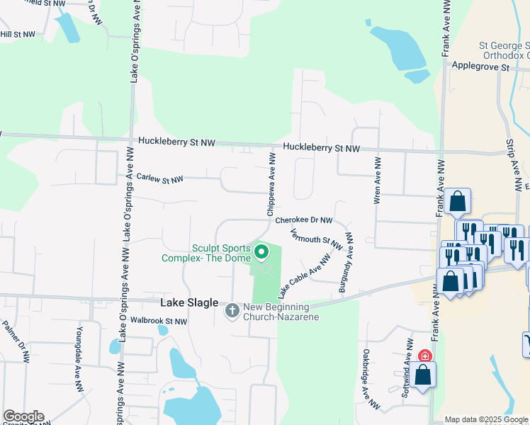 map of restaurants, bars, coffee shops, grocery stores, and more near 5575 Cherokee Drive Northwest in North Canton