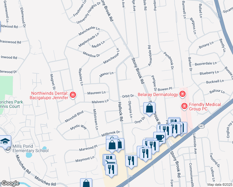 map of restaurants, bars, coffee shops, grocery stores, and more near 258 Hallock Road in Stony Brook